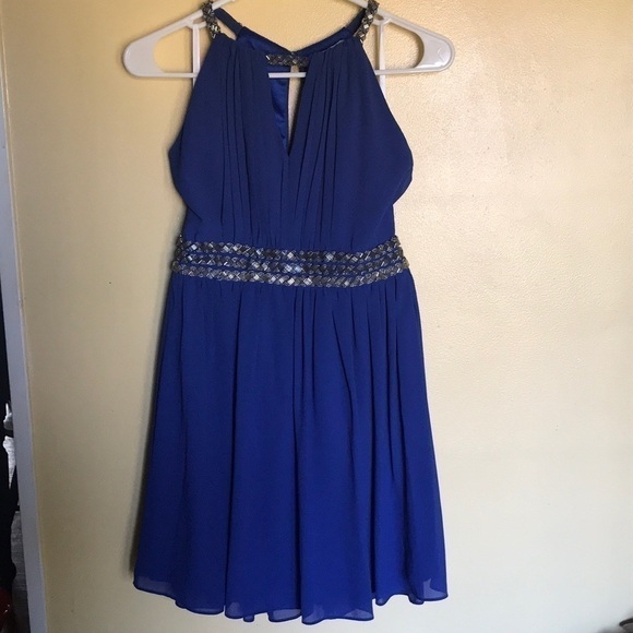 GB formal Blue knee length with halter beaded straps size small - Picture 1 of 6